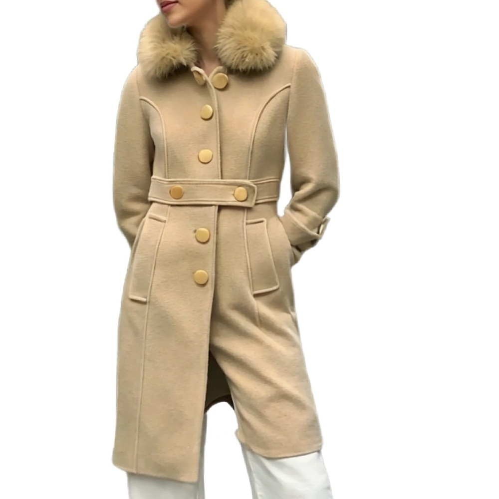 Sandra Angelozzi Camel Wool Coat with Faux Fur Trim Collar Size XS
